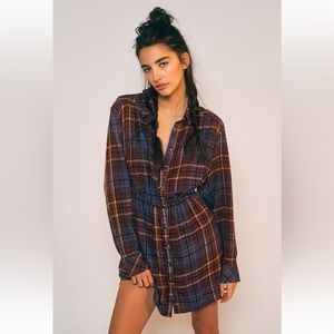Free People Elai blue plaid cutout mini shirt dress EUC